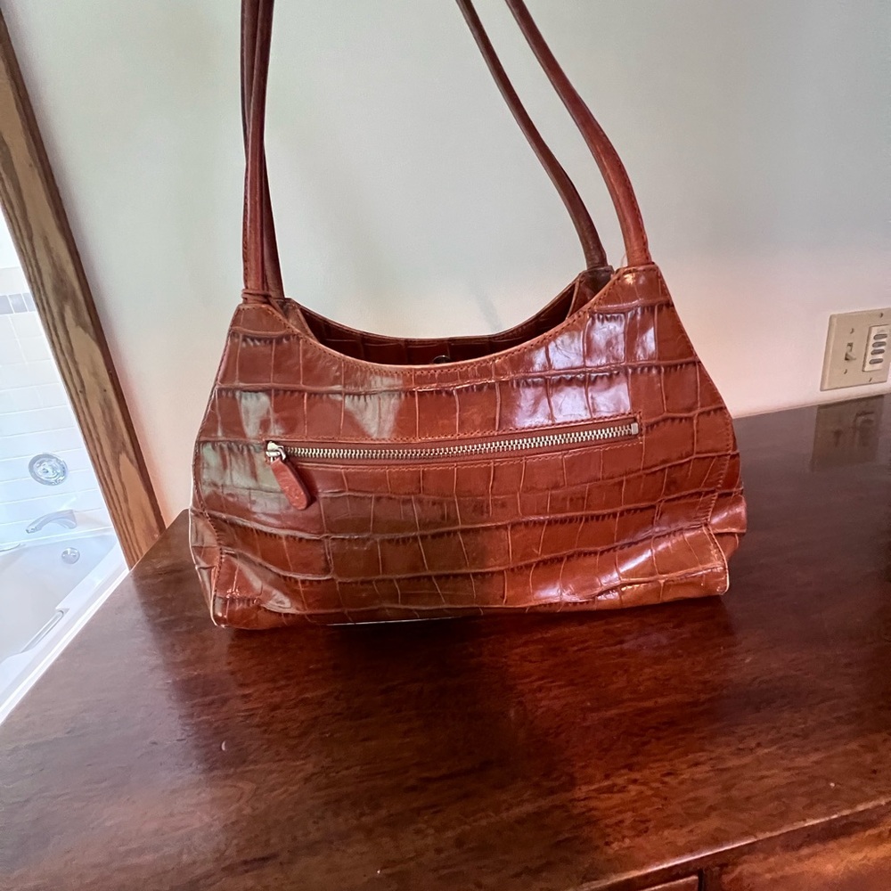 Monsac Brown Crocodile-Embossed Shoulder Bag